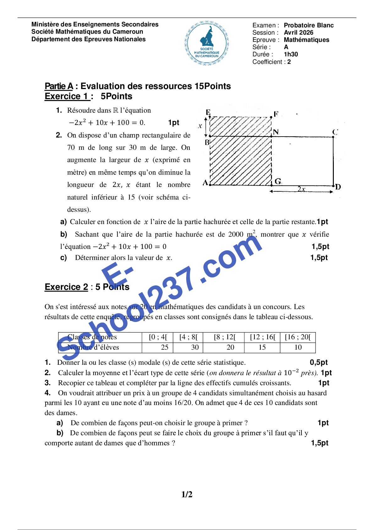 Probatoire A 2026 Sté Mathématique
